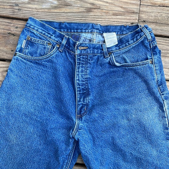 Carhartt Flannel Lined Blue Jeans Mens 36x34 Regular Fit Blue Plaid Lining - Picture 3 of 16
